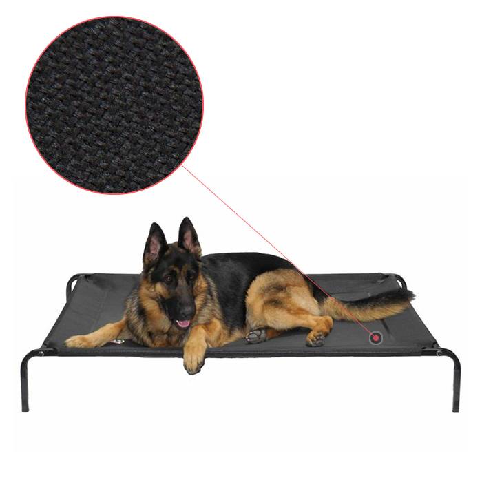 A German Shepherd Dog is lying on the canvas surface raised pet bed.