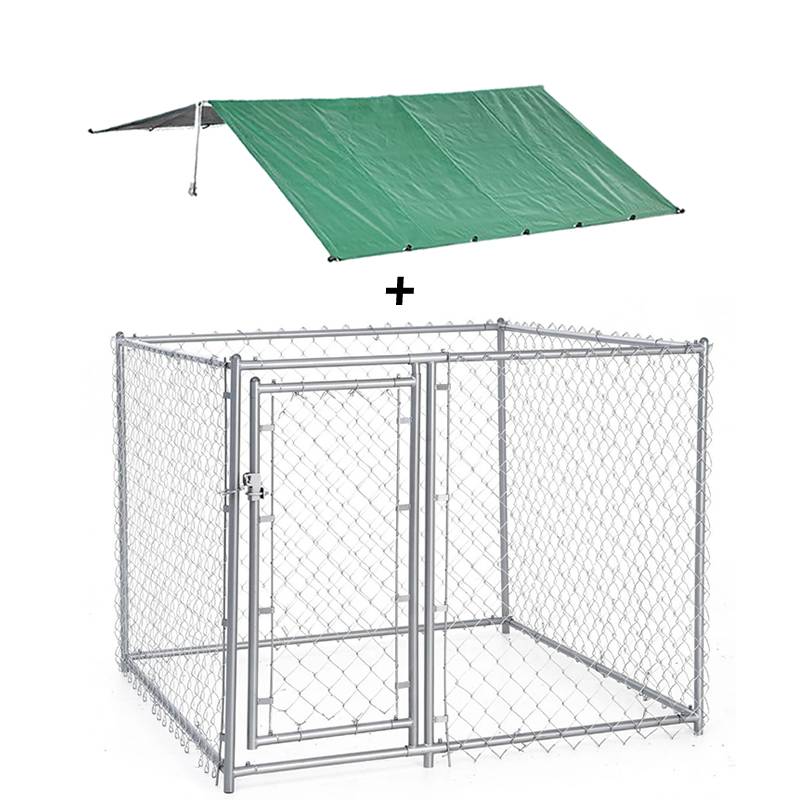 A chain link dog kennel with dark green cover on white background.