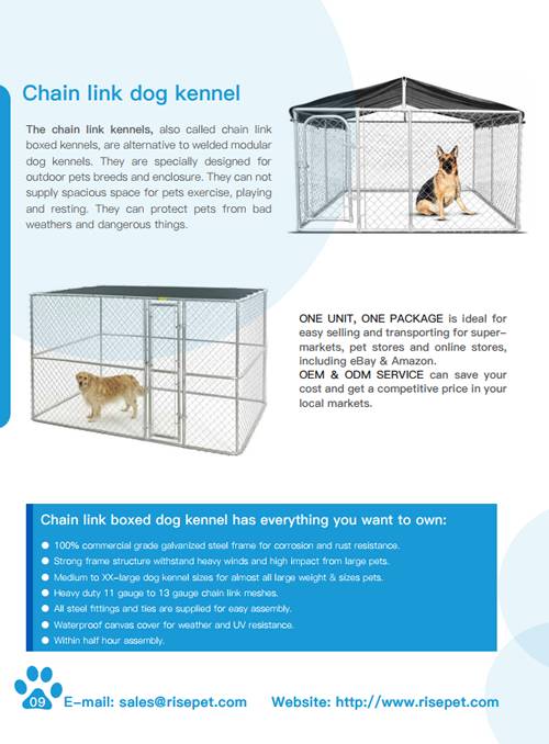 A brochure of chain link dog kennels, including introductions, details and options.