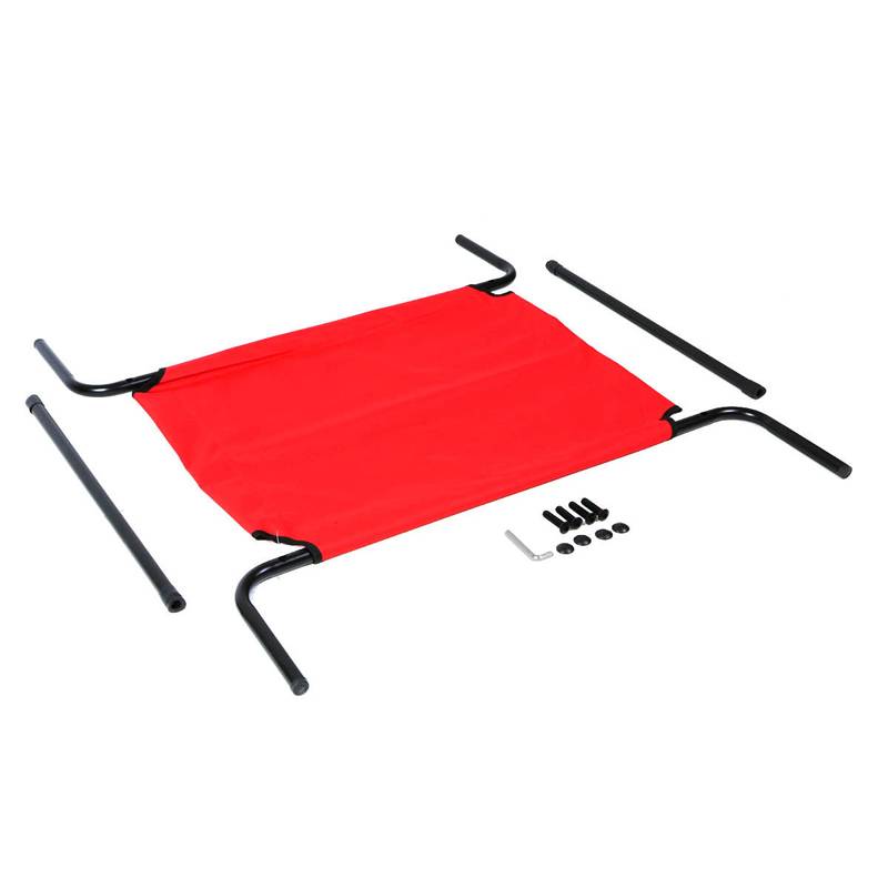 A red color elevated pet bed with all accessories on the white background.
