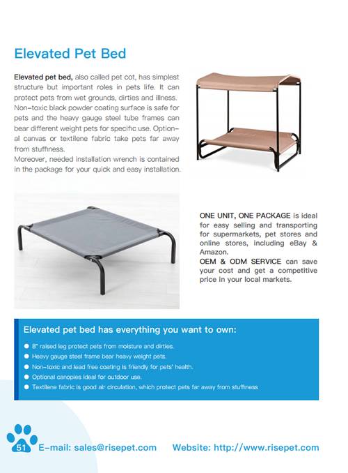 brochure of elevated pet bed, including introductions, details and options.