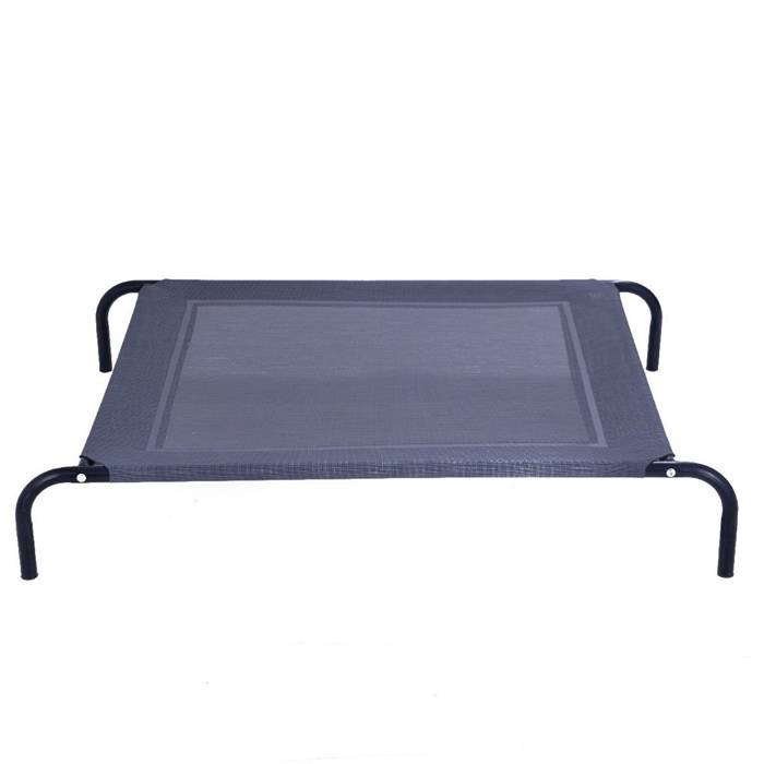A blue elevated pet bed on white background.