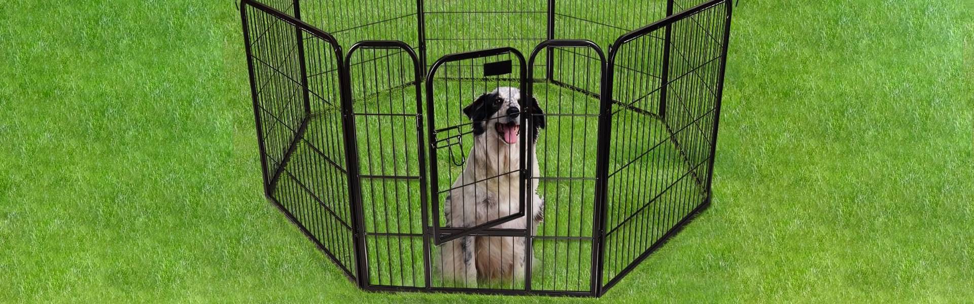 A dog is sitting in a heavy duty exercise pen on the grassland.