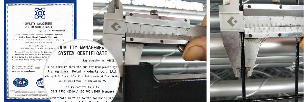 The ISO 9001 certificate and two quality control detail.