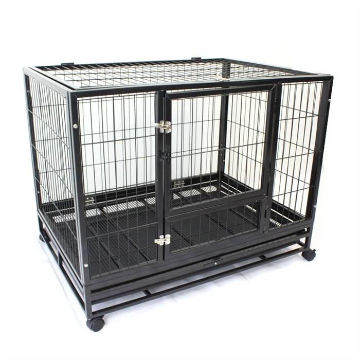 A black metal large dog cage without feeding door.