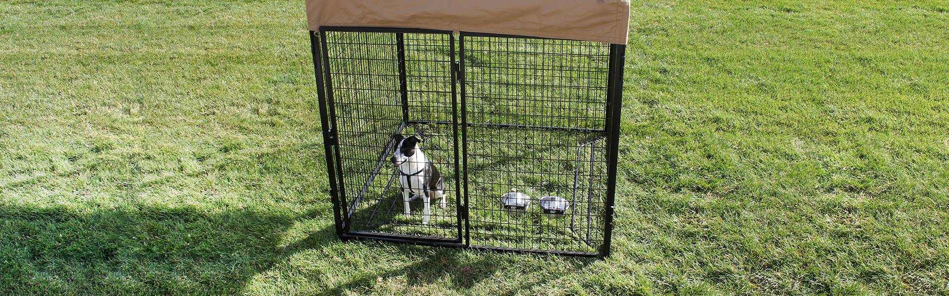 A dog in a welded dog kennel on the grassland.