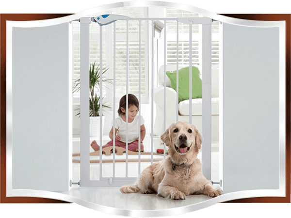 A baby sitting in the house and a dog sitting outside with pet safety gate separated.