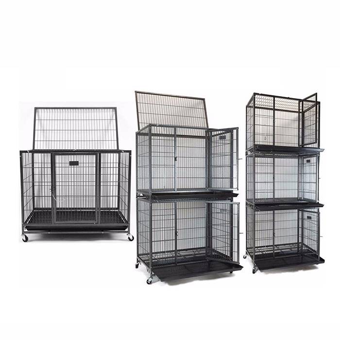 Single layer, two layer and three layer heavy duty dog crates on white background.