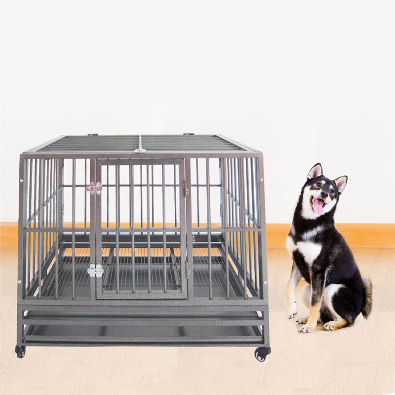 A dog is sitting beside of the ultimate heavy duty dog cage.