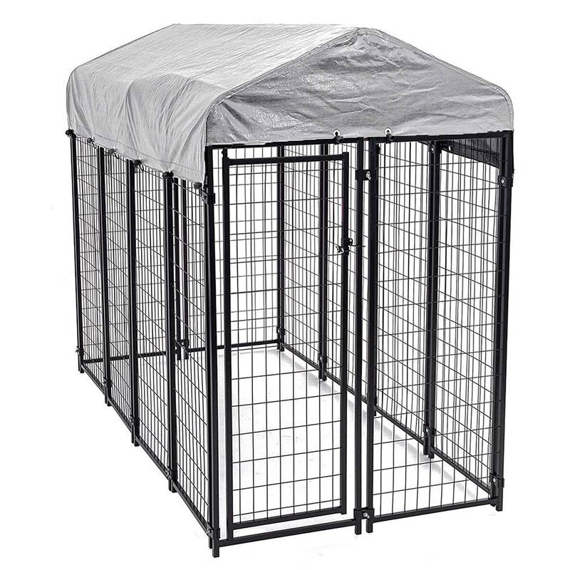 A black powder coated welded dog kennel with cover on white background.
